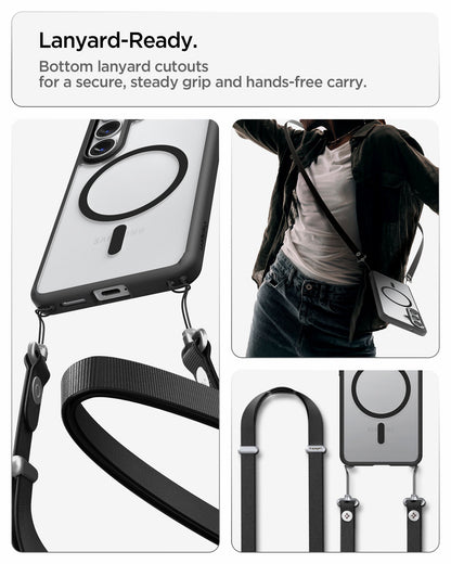ACS10970 - Galaxy S26 Case Ultra Hybrid (Mag Fit) Matte Black showing lanyard ready. Bottom lanyard cutouts for a secure steady grip and hands free carry