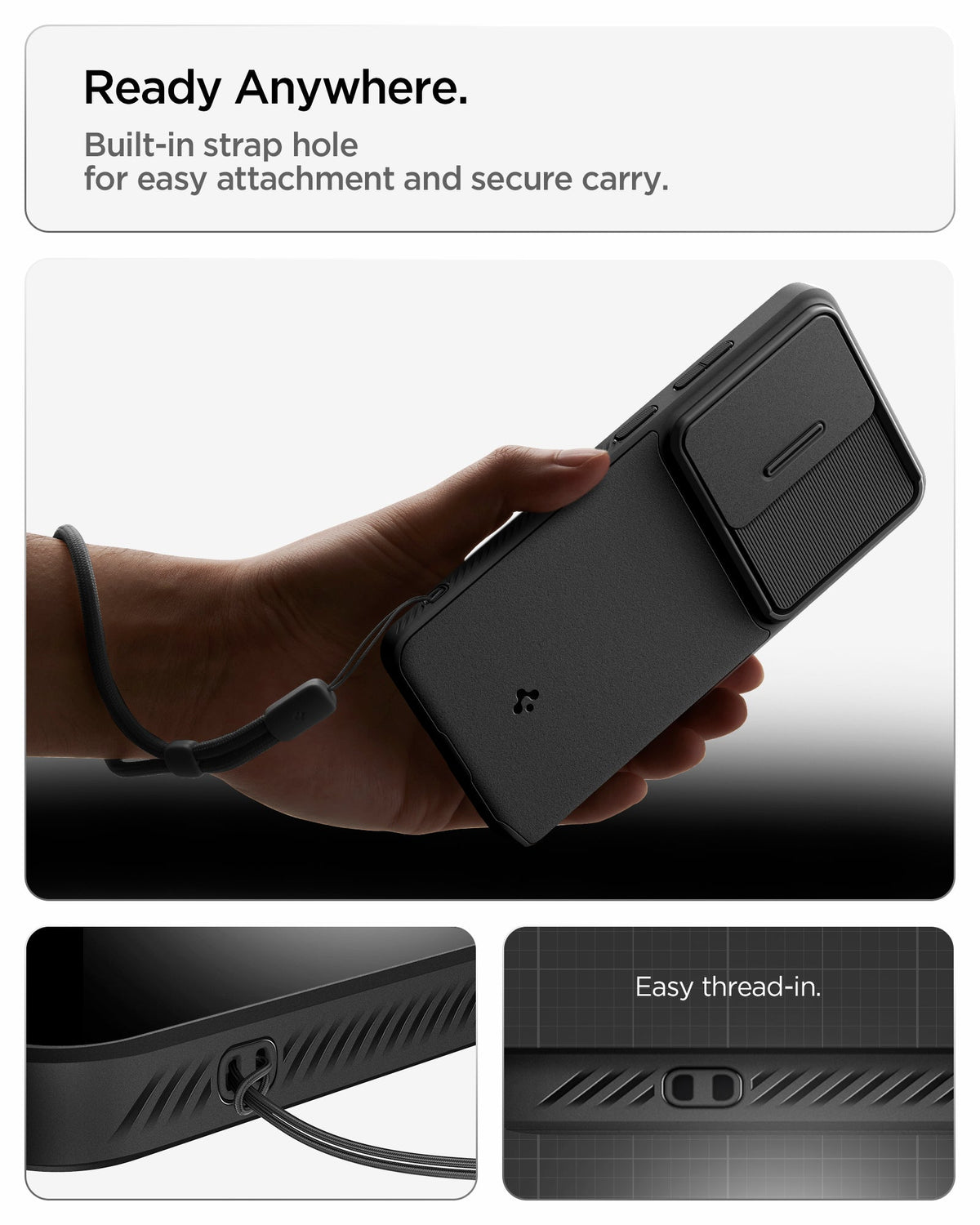 ACS11040 - Galaxy S26 Ultra Optik Armor in Black showing ready anywhere. built in strap hole for easy attachment and secure carry