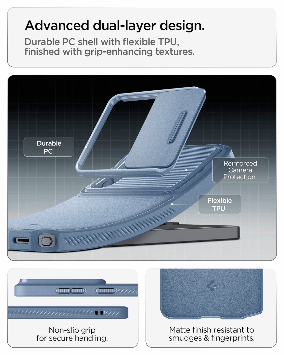 ACS11224 - Galaxy S26 Ultra Optik Armor in Light Blue showing advanced dual layer design. durable PC shell with flexible TPU, finished with grip enhancing textures