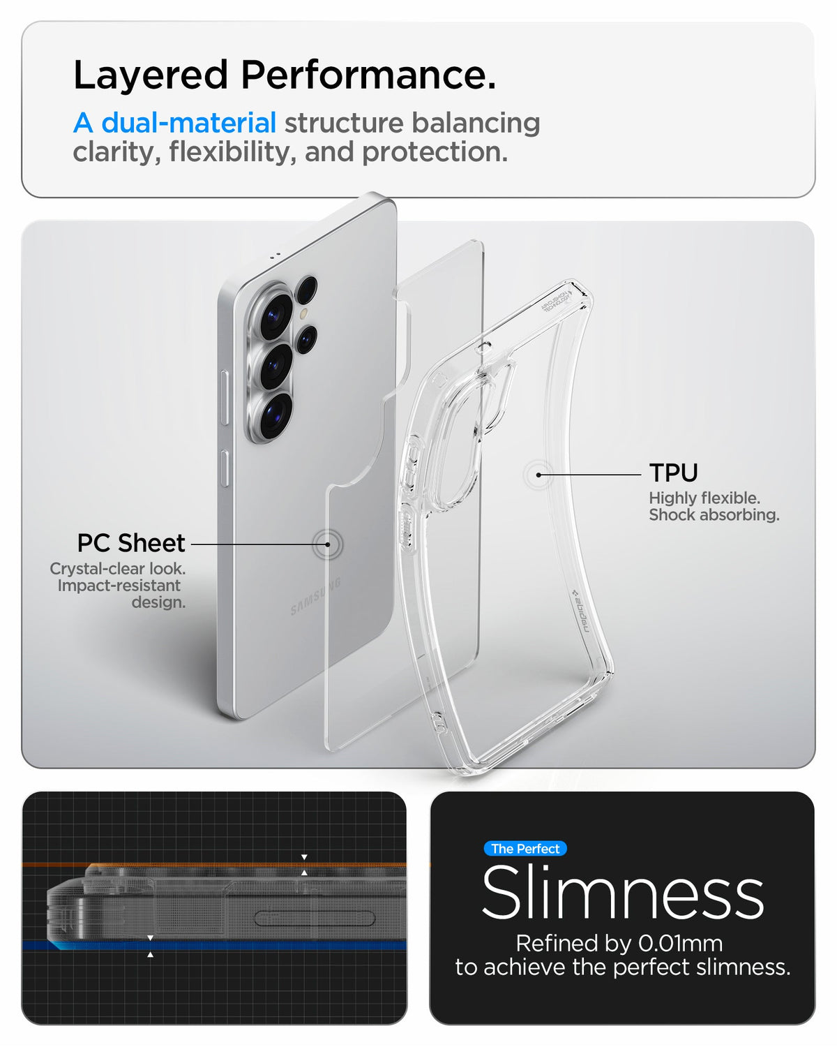 ACS11030 - Galaxy S26 Ultra Case Ultra Hybrid Crystal Clear showing layered performance. a dual material structure balancing clarity flexibility and protection