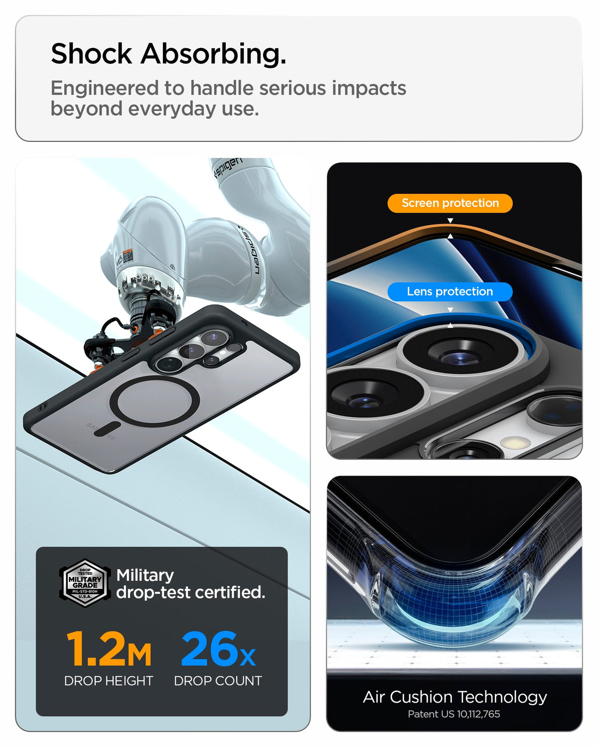 ACS10959 - Galaxy S26 Ultra Case Ultra Hybrid (Mag Fit) Matte Black showing shock absorbing. engineered to handle serious impacts beyond everyday use