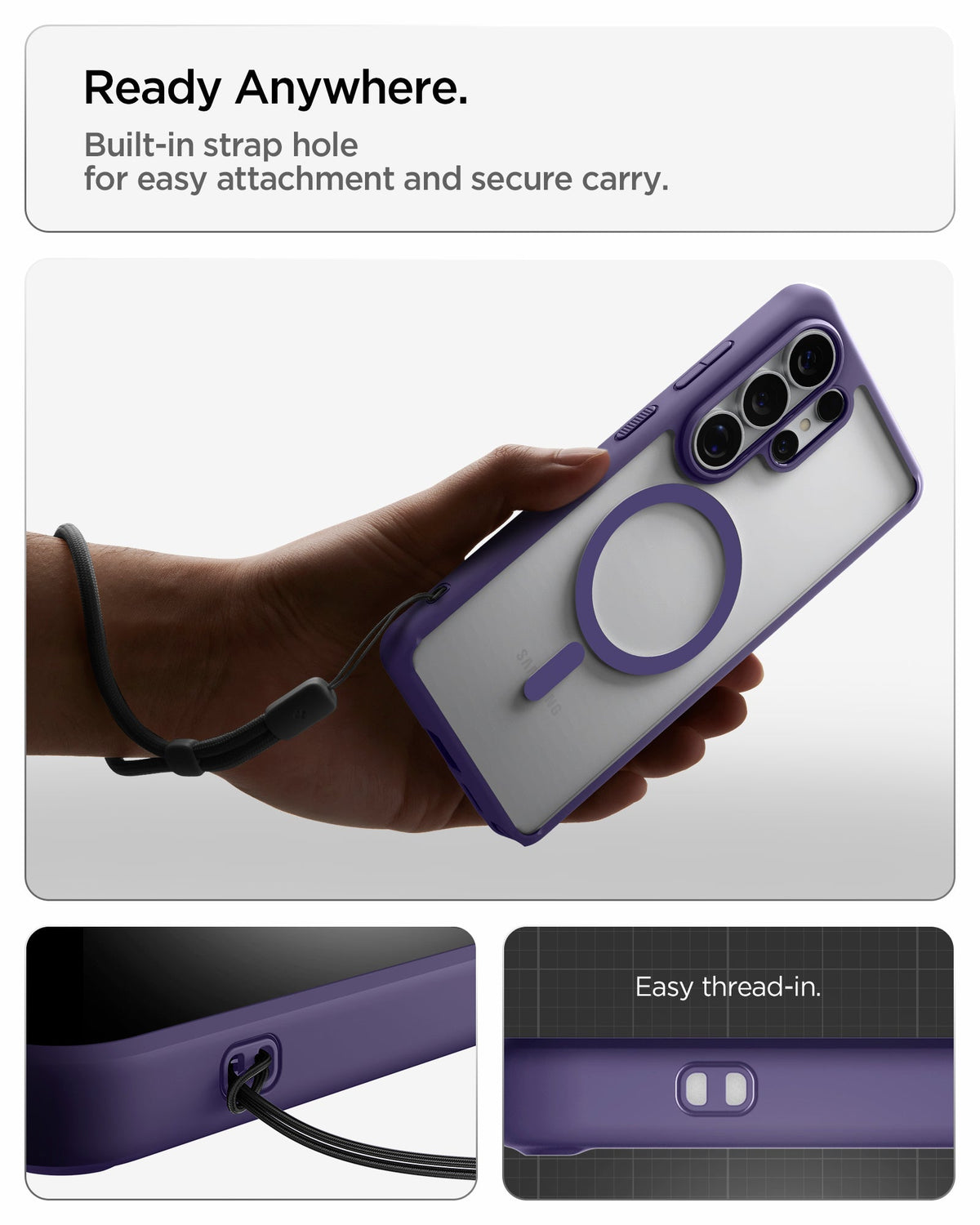 ACS11161 - Galaxy S26 Ultra Case Ultra Hybrid (Mag Fit) Deep Purple showing ready anywhere. built in strap hole for easy attachment and secure carry