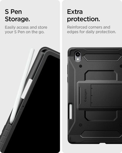 ACS10211 - Galaxy Tab S11 Series Tough Armor Pro showing S pen storage. easily access an store your s pen on the go. extra protection. reinforced corners and edges for daily protection.