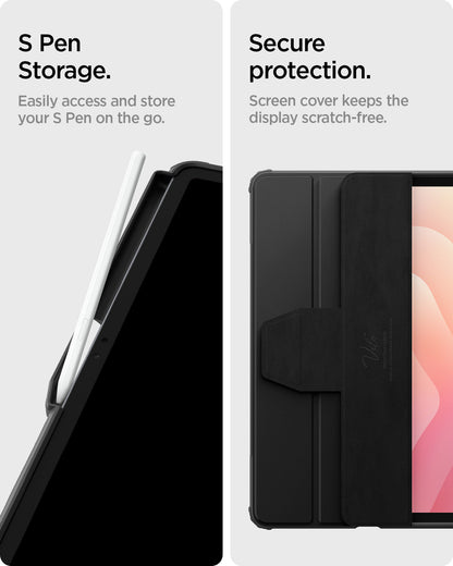 ACS10219 - Galaxy Tab S11 Ultra Series Ultra Hybrid Pro in Black showing S pen storage. easily access and store your S pen on the go. Secure protection. screen cover keeps the display scratch free