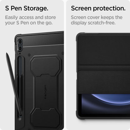 ACS06856 - Galaxy Tab S9 FE+ Case Rugged Armor Pro in black S pen storage. Easily access and store your S pen on the go. Screen protection. Screen cover keeps the display scratch free.