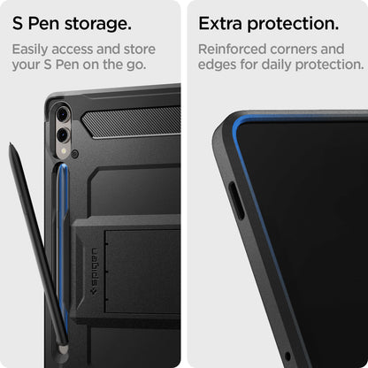 ACS06835 - Galaxy Tab S9+ Case Tough Armor Pro in black s pen storage. Easily access and store your S pen on the go. Extra protection. Reinforced corners and edges for daily protection.