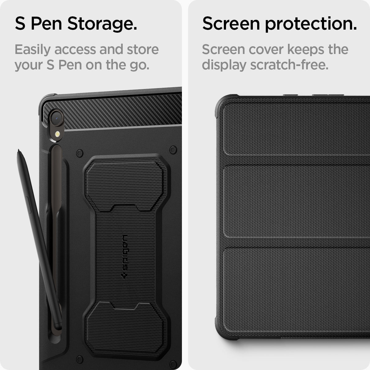 ACS06540 - Galaxy Tab S9 Case Rugged Armor Pro in black S pen storage. Easily access and store your S pen on the go. Screen protection. Screen cover keeps the display scratch free.
