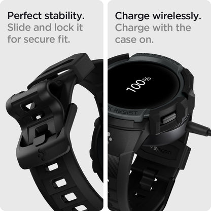 ACS03164 - Galaxy Watch 5/4 (44mm) Case Rugged Armor Pro in charcoal gray charge wirelessly. Charge on with the case on.