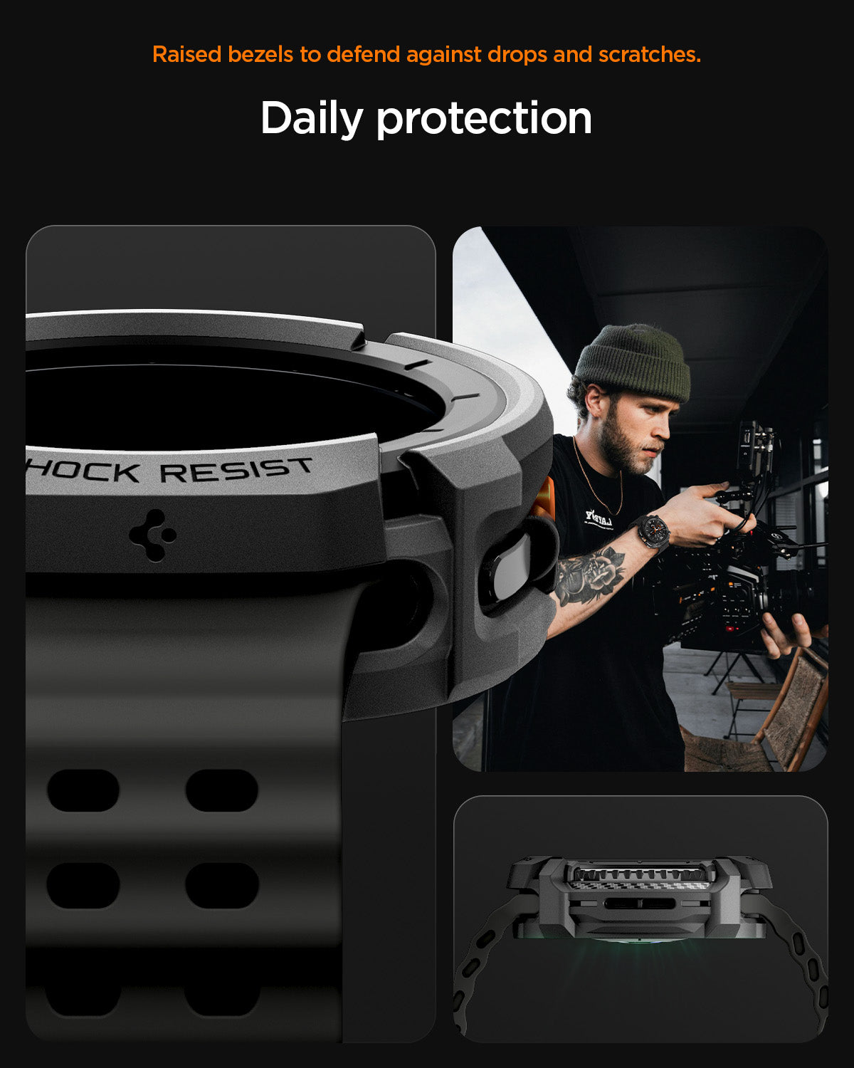 ACS10012 - Galaxy Watch 8 46mm Rugged Armor showing raised bezels to defend against drops and scratches. Daily protection.