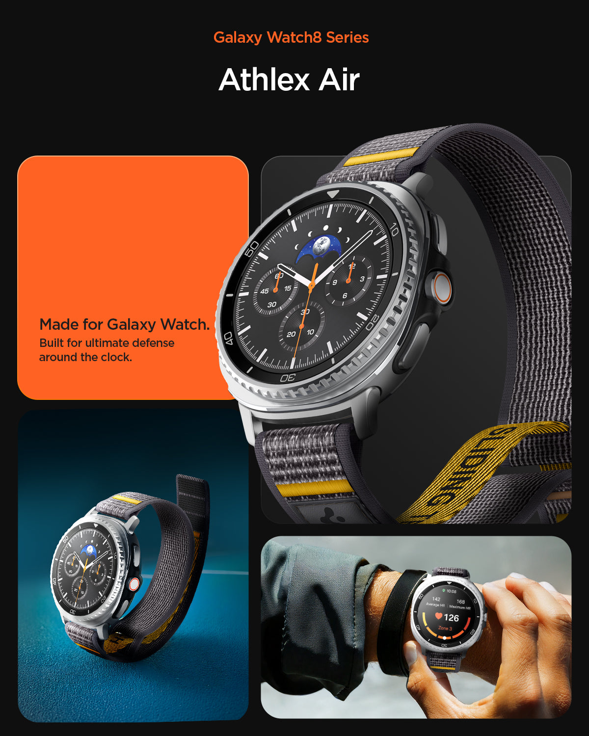 AMP10112 - SWi-9 Series - Athlex Air in Active Gray showing made for Galaxy Watch. Built for ultimate defense around the clock