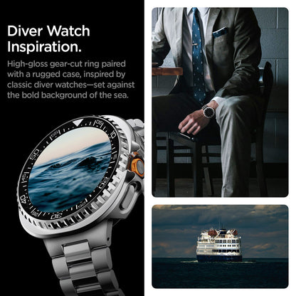 ACS10016 - Galaxy Watch 8 Bezel Tune Pro in black diver watch inspiration. high gloss gear cut ring paired with a rugged case, inspired by classic diver watches, set against he bold background of the sea.