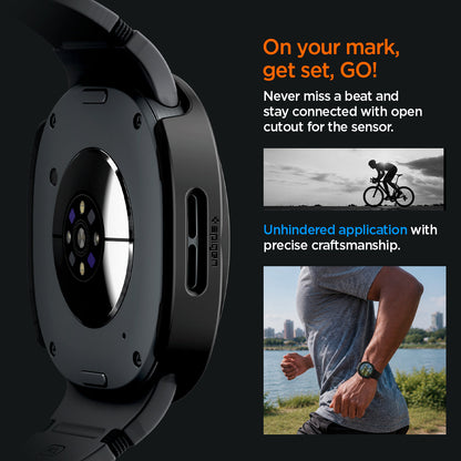 ACS11597 - Galaxy Watch 9 (40mm) Thin Fit 360 showing Galaxy Watch 9 (40mm) case back with open sensor cutout, plus a cyclist and a runner wearing it