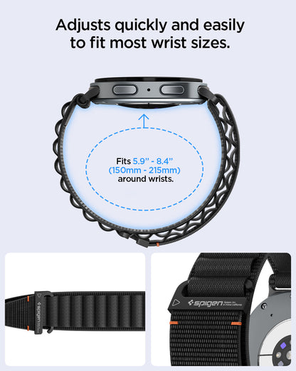 AMP11607 - Galaxy Watch 9 Series WBF1 showing Galaxy Watch 9 band loop fit range for wrists with close-up views of the strap and buckle