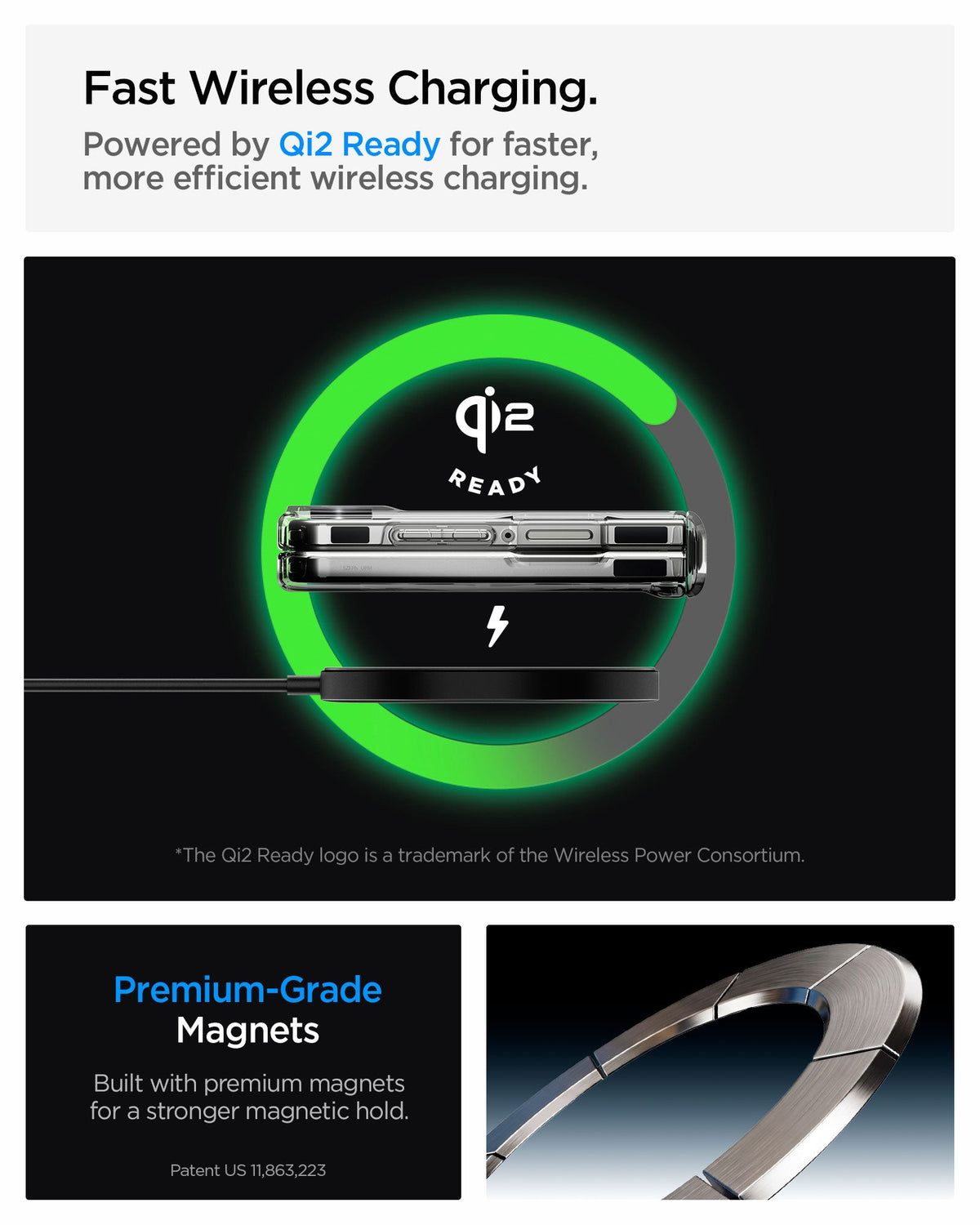 ACS11516 - Galaxy Z Flip 8 Series - Ultra Hybrid Pro Neo One (Mag Fit) showing it is Qi2 Ready for Fast Wireless Charging