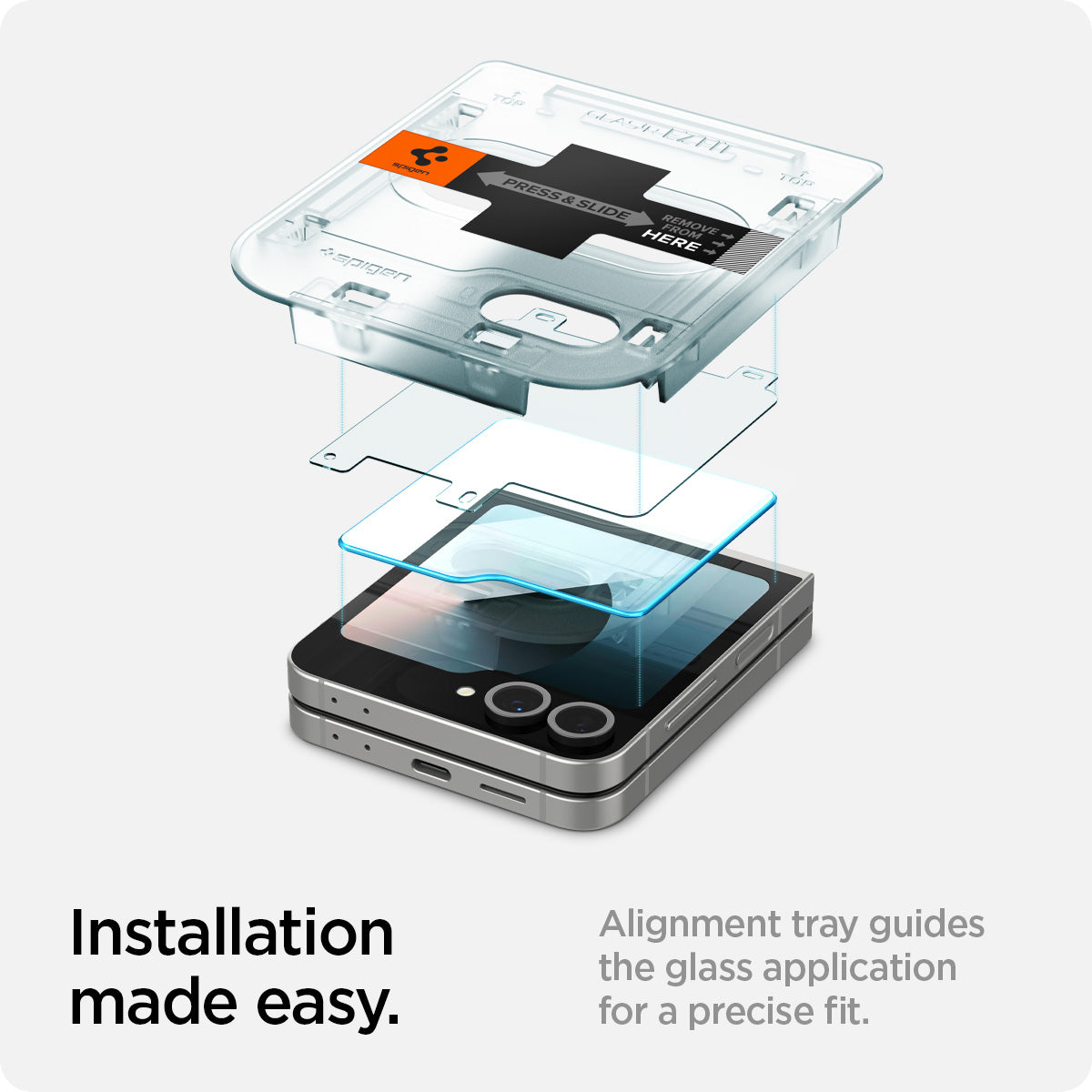 AGL07972 - Galaxy Z Flip 6 GLAS.tR EZ Fit showing the alignment tray guides the glass application for a precise fit