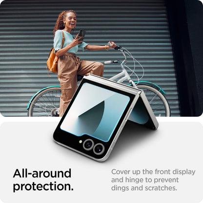 AGL07972 - Galaxy Z Flip 6 GLAS.tR EZ Fit showing the all-around protection. Cover up the front display and hinge to prevent dings and scratches