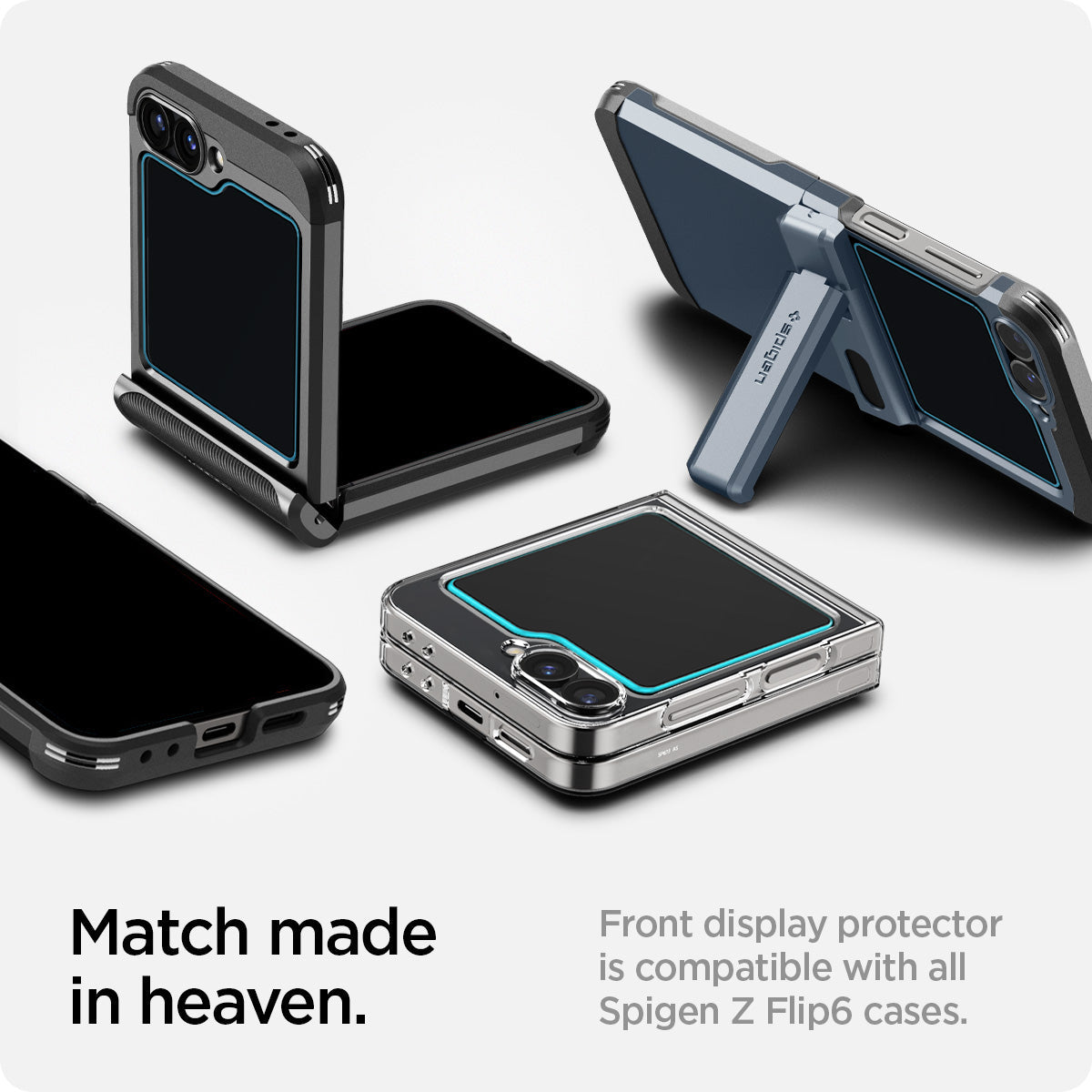 AGL07972 - Galaxy Z Flip 6 GLAS.tR EZ Fit showing the front display protector is compatible with all Spigen Z Flip6 cases