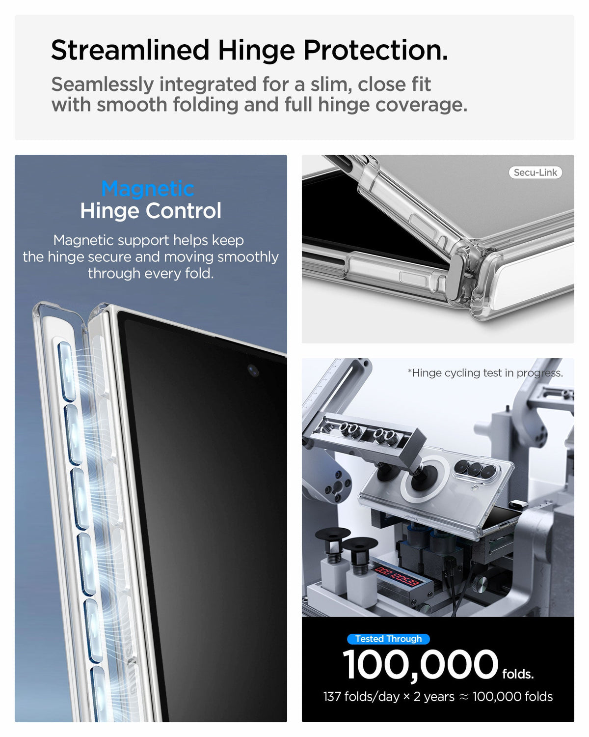 ACS11498 - Galaxy Z Fold 8 Ultra Ultra Hybrid Pro (Mag Fit) showing the "Streamlined Hinge Protection" graphic, illustrating magnetic hinge control with a "Secu-Link" hinge lock close-up and a hinge durability test setup rated for 100,000 folds.