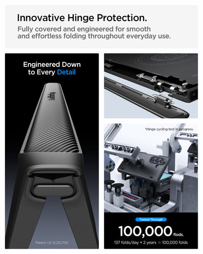 ACS11503 - Galaxy Z Fold 8 Ultra Slim Armor Pro (Mag Fit) Black showing the "Innovative Hinge Protection" graphic, a close-up of the ribbed hinge cover with the Spigen logo, alongside an exploded view of the hinge mechanism