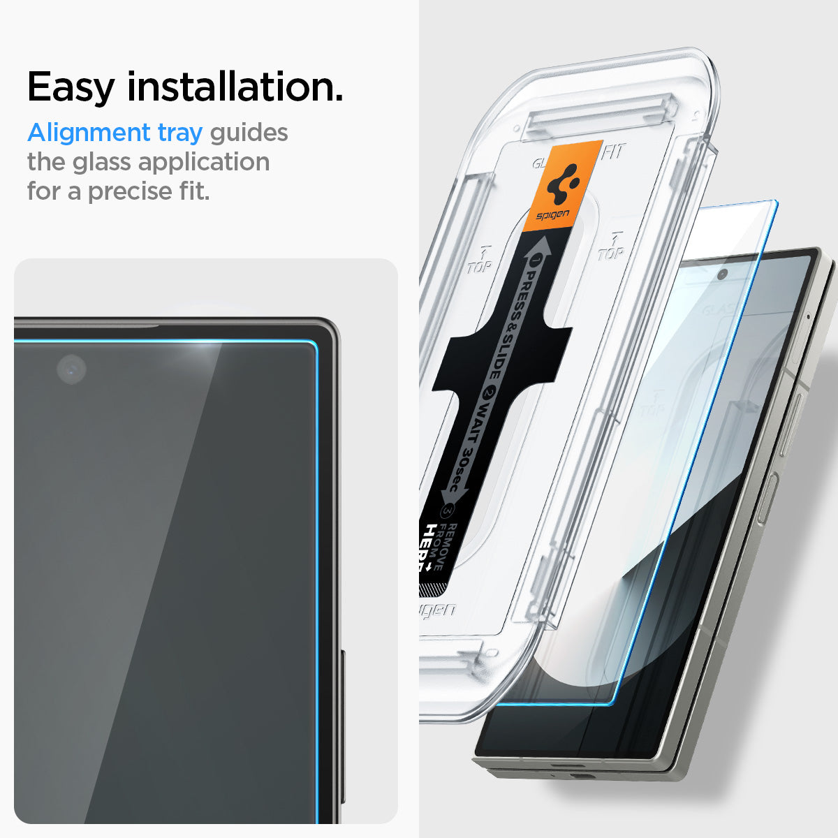 AGL07969 - Galaxy Z Fold 6 GLAS.tR EZ Fit in Clear showing the easy installation. Alignment tray guides the glass application for a precise fit