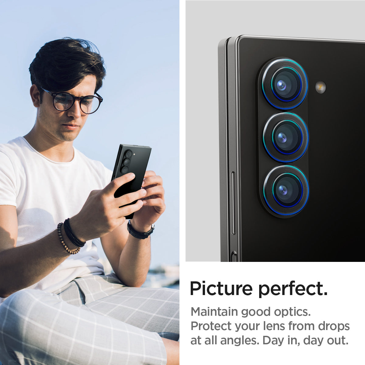 AGL07970 - Galaxy Z Fold 6 Optik Pro EZ Fit Lens Protector in Black showing the picture perfect. Maintain good optics at all angles. Day in, day out