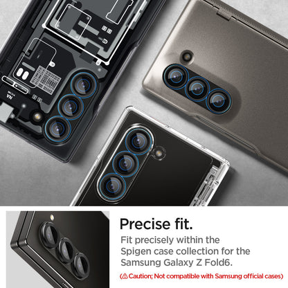 AGL07970 - Galaxy Z Fold 6 Optik Pro EZ Fit Lens Protector in Black showing the precise fit. Fit precisely within the Spigen case collection for the Samsung Galaxy Z Fold 6. Caution; not compatible with Samsung official cases