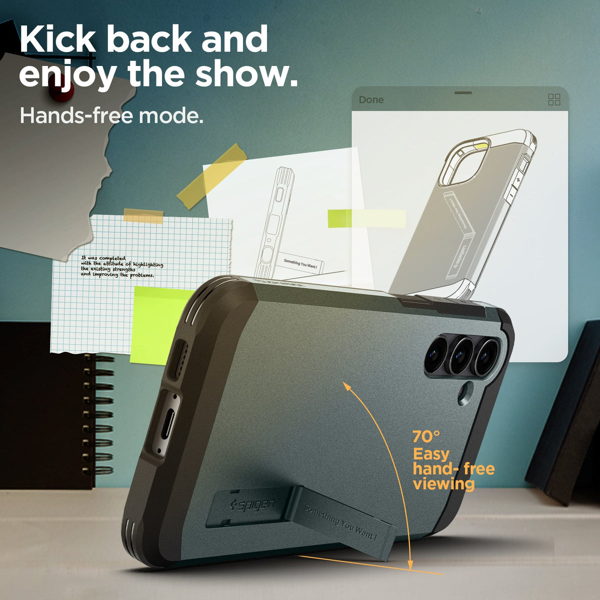 ACS06365 - Galaxy S23 FE Case Tough Armor in abyss green kick back and enjoy the show. Hands free mode.