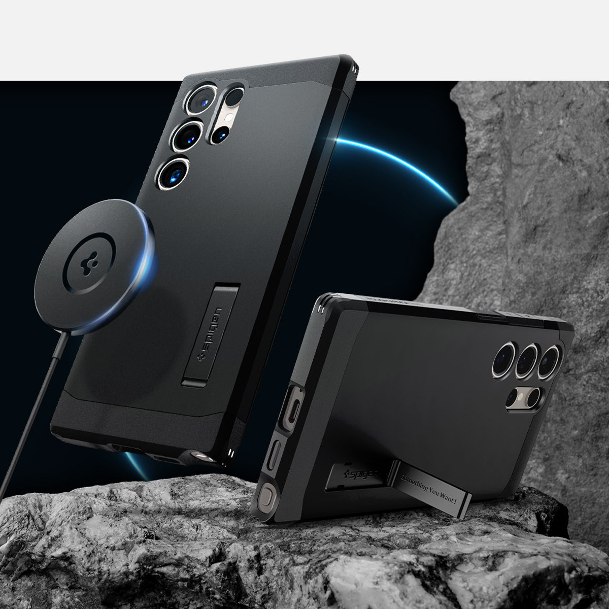ACS07303 - Galaxy S24 Ultra Case Tough Armor (MagFit) in Black showing the back, partial side with wireless charger hovering in front