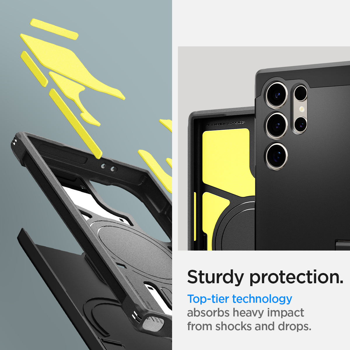 ACS07303 - Galaxy S24 Ultra Case Tough Armor (MagFit) in Black showing the sturdy protection. Top-tier technology absorbs heavy impact from shocks and drops