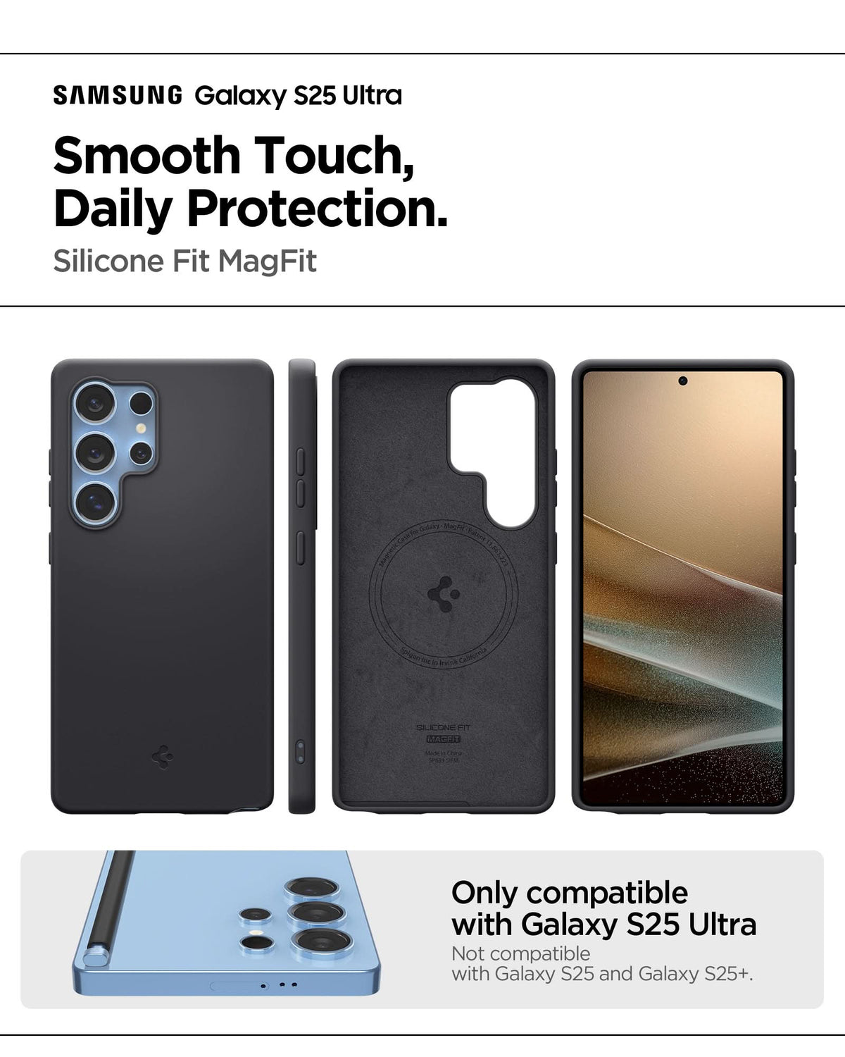 ACS09017 - Galaxy S25 Ultra Case Silicone Fit (MagFit + Qi2 Ready) in Black showing the smooth touch, daily protection. Silicone Fit MagFit. Only compatible with Galaxy S25 Ultra and not compatible with Galaxy S25 and Galaxy S25+