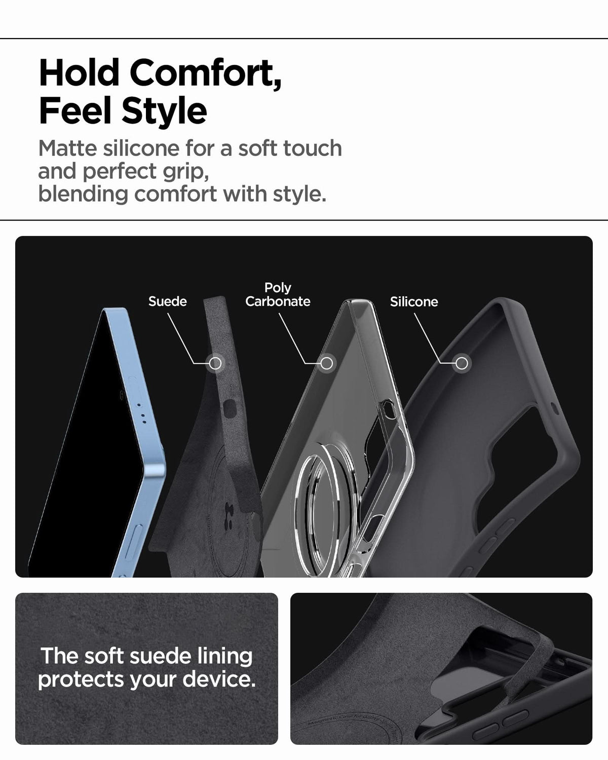 ACS09017 - Galaxy S25 Ultra Case Silicone Fit (MagFit + Qi2 Ready) in Black showing matte silicone for a soft touch and perfect grip, blending comfort with style. Hold comfort, feel style. The soft suede lining protects your device