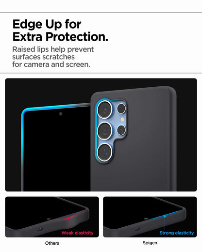 ACS09017 - Galaxy S25 Ultra Case Silicone Fit (MagFit + Qi2 Ready) in Black showing edge up for extra protection. Raised lips help prevent surfaces scratches for camera and screen