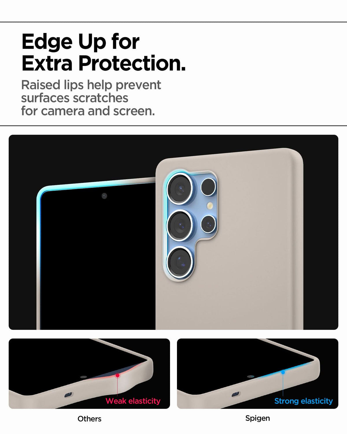 ACS09165 - Galaxy S25 Ultra Case Silicone Fit (MagFit + Qi2 Ready) in Natural Titanium showing the edge up for extra protection. Raised lips help prevent surfaces scratches for camera and screen