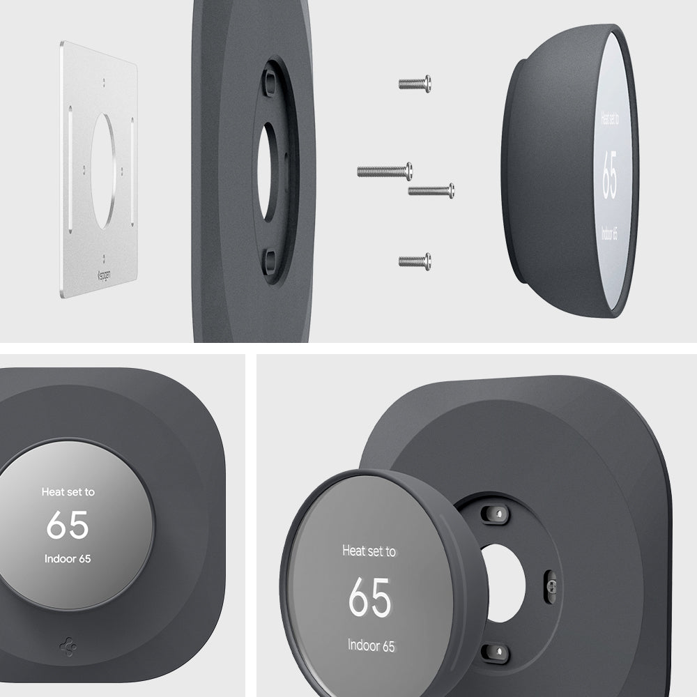 AHP02762 - Google Nest Thermostat Wall Plate in charcoal showing the different angles and parts