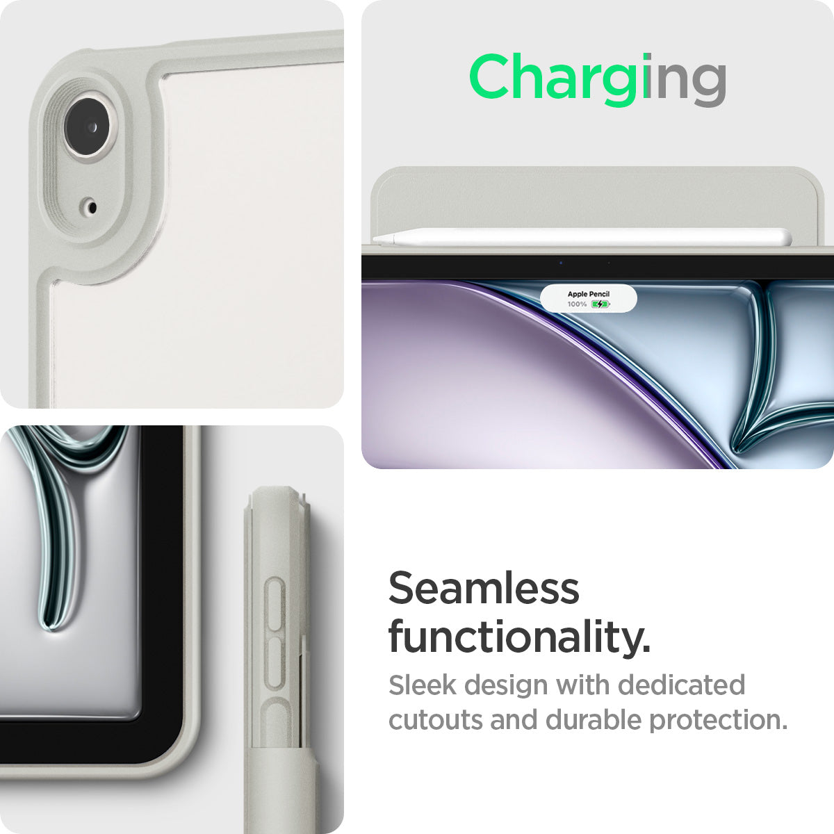 ACS08491 - iPad Air 13-inch (2024) Case Air Skin Pro OneTap in Gray showing the charging, seamless functionality, sleek design with dedicated cutouts and durable protection