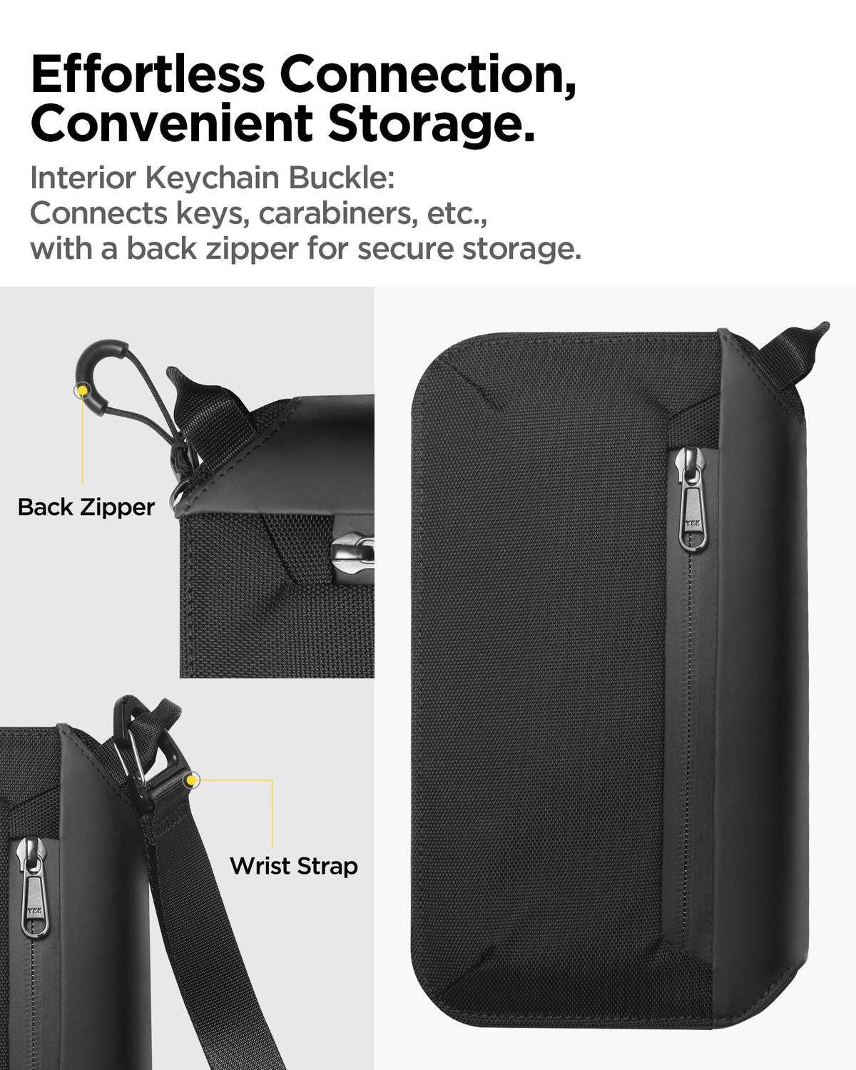 AFA07574 - Klasden Passport Organizer KD500 in Black showing the effortless connection, convenient storage, interior keychain buckle: connects keys, carabiners, etc., with a back zipper for secure storage