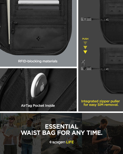 AFA07574 - Klasden Passport Organizer KD500 in Black showing the essential waist bag for any time, RFID-blocking materials, Integrated zipper puller for easy SIM removal