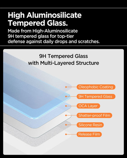 AGL11323- iPhone 17 Series - Glas.tR AlignMaster S showing high aluminosilicate tempered glass. made from high aluminosilicate 9H tempered glass for top tier defense against daily drops and scratches.