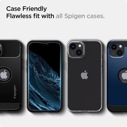AGL03386 - iPhone 13 / 13 Pro Screen Protector EZ FIT GLAS.tR (Sensor Protection) showing the case friendly, flawless fit with all Spigen cases