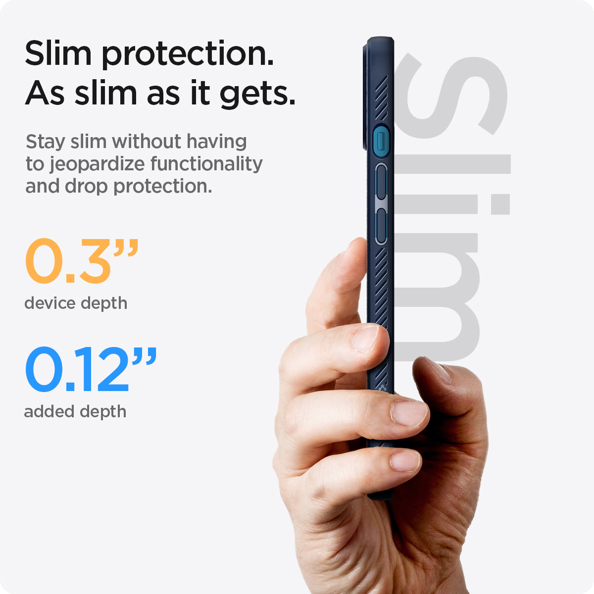 ACS03520 - iPhone 13 Case Liquid Air in navy blue showing the slim protection. Stay slim without having to jeopardize functionality and drop protection 0.3" device depth 0.12" added depth