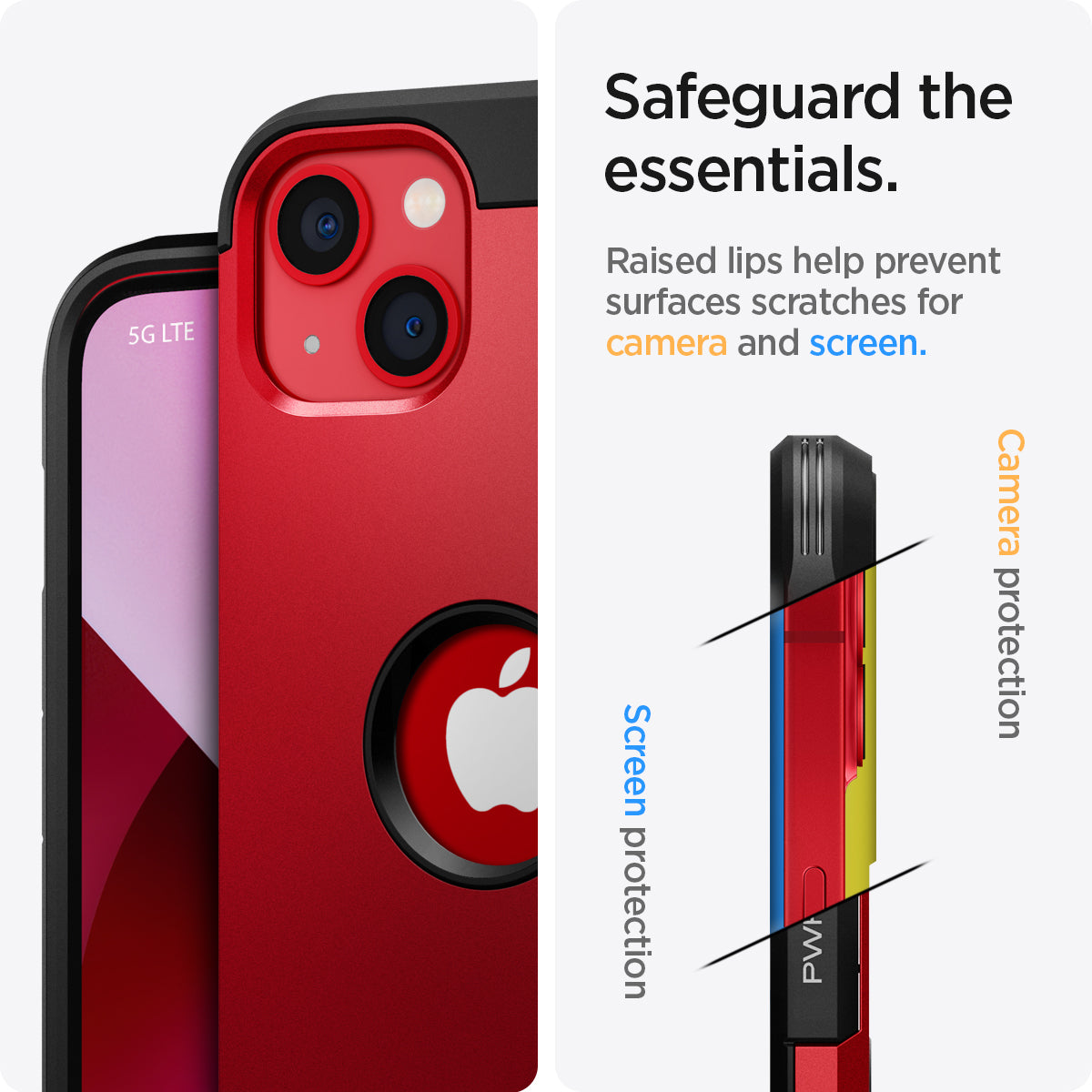 ACS03540 - iPhone 13 Case Tough Armor in red showing safeguard the essentials. Raised lips help prevent surfaces scratches for camera and screen.