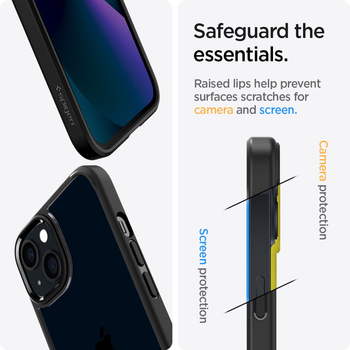 ACS03523 - iPhone 13 Case Ultra Hybrid in matte black showing the raised lips help prevent surfaces scratches for camera and screen. Screen protection and Camera protection