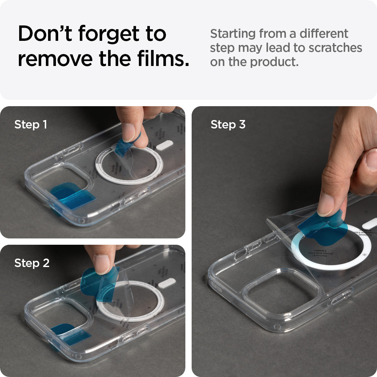 ACS03529 - iPhone 13 Case Ultra Hybrid Mag Safe Compatible in black showing starting from a different step may lead t scratches on the product. Don't forget to remove the films