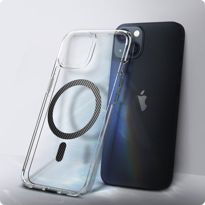 ACS04086 - iPhone 13 Case Ultra Hybrid Mag Safe Compatible in carbon fiber showing the back of the case leaning against the back of the device