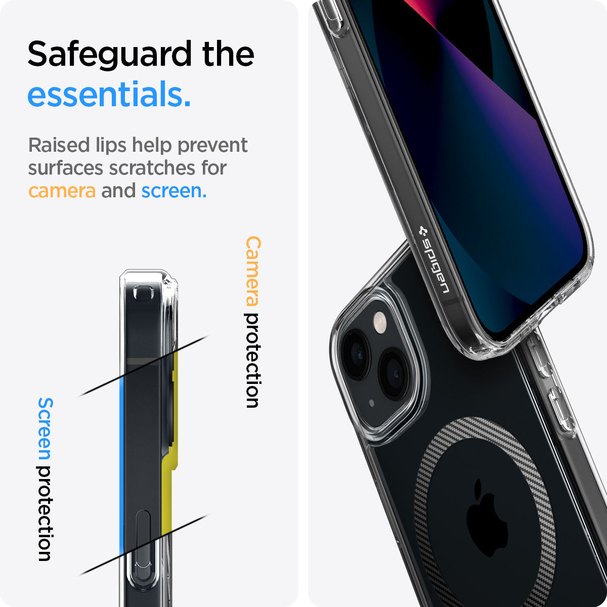 ACS04086 - iPhone 13 Case Ultra Hybrid Mag Safe Compatible in carbon fiber showing the raised lips help prevent surfaces scratches for camera and screen. Screen protection and camera protection