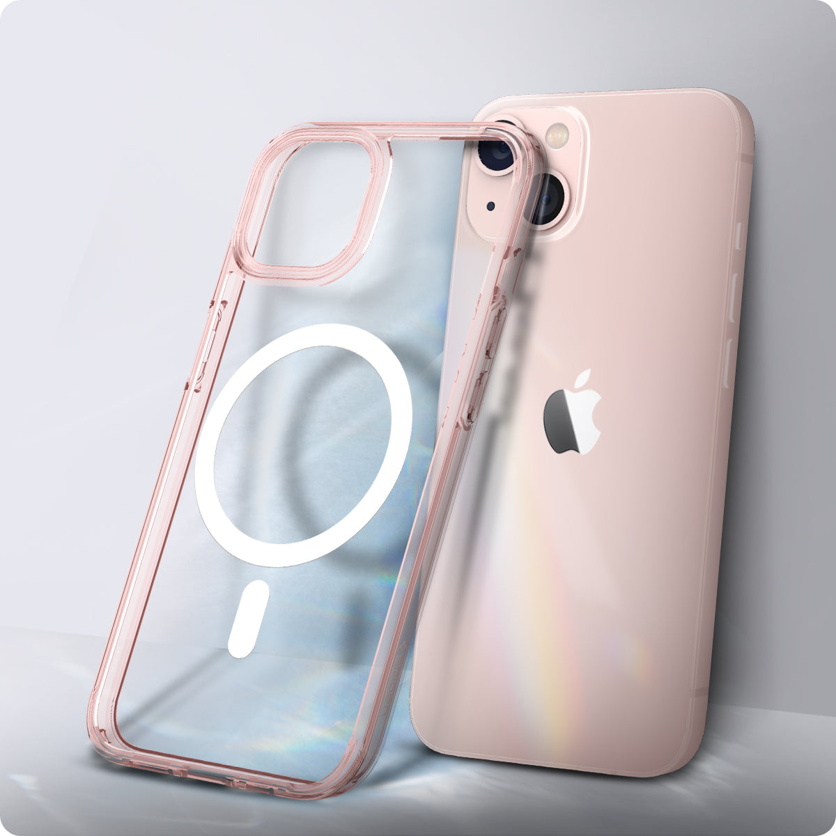 ACS03530 - iPhone 13 Case Ultra Hybrid Mag Safe Compatible in rose crystal showing the back of the case leaning against the back of the device