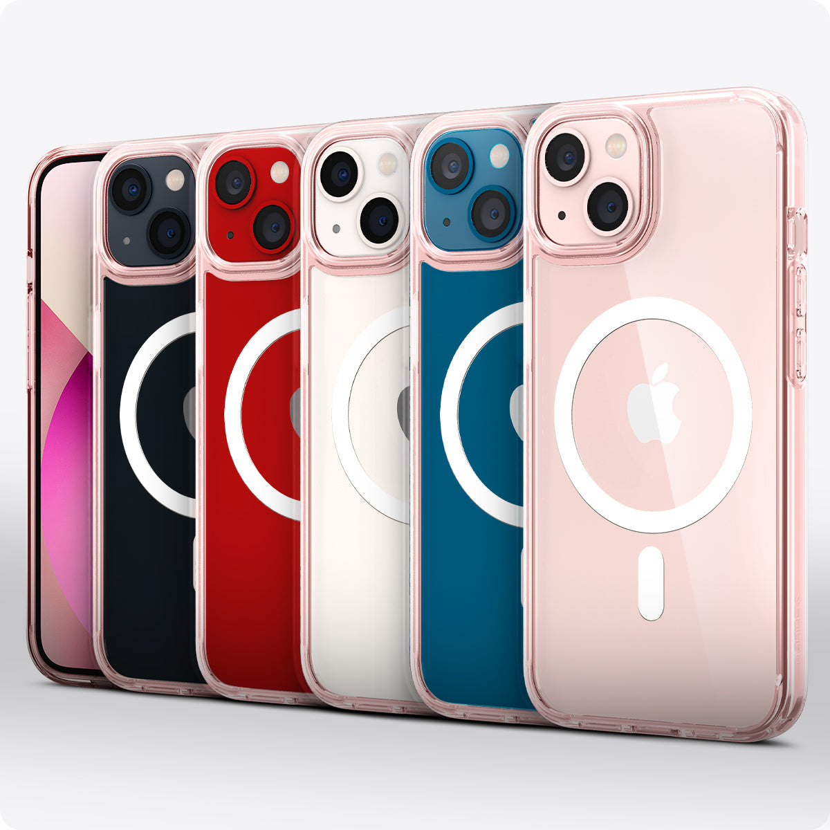 ACS03530 - iPhone 13 Case Ultra Hybrid Mag Safe Compatible in rose crystal showing the multiple cases back and partial front showcasing different colors of the devices