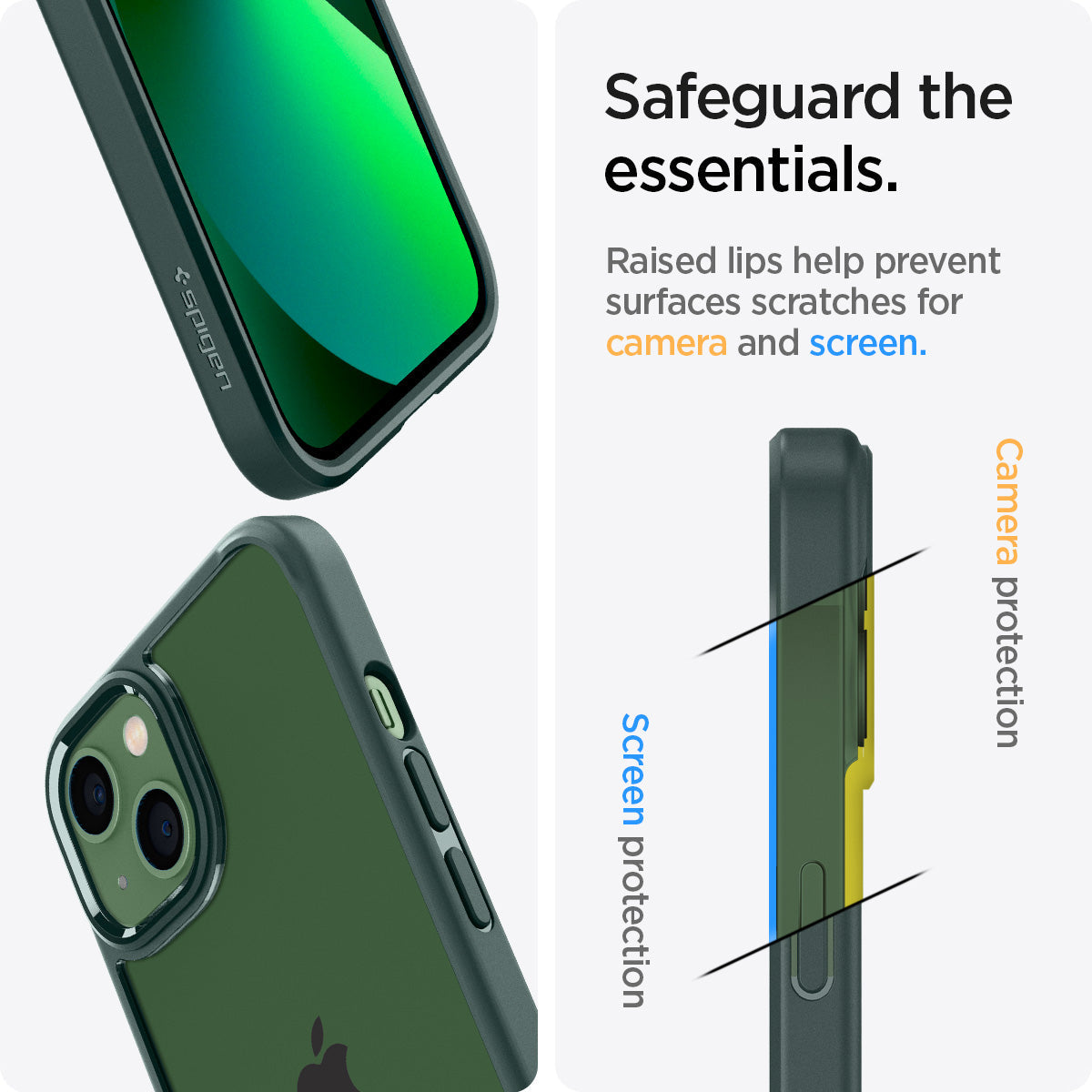 ACS04562 - iPhone 13 Case Ultra Hybrid in Midnight Green showing the raised lips help prevent surfaces scratches for camera and screen. Screen protection and Camera protection