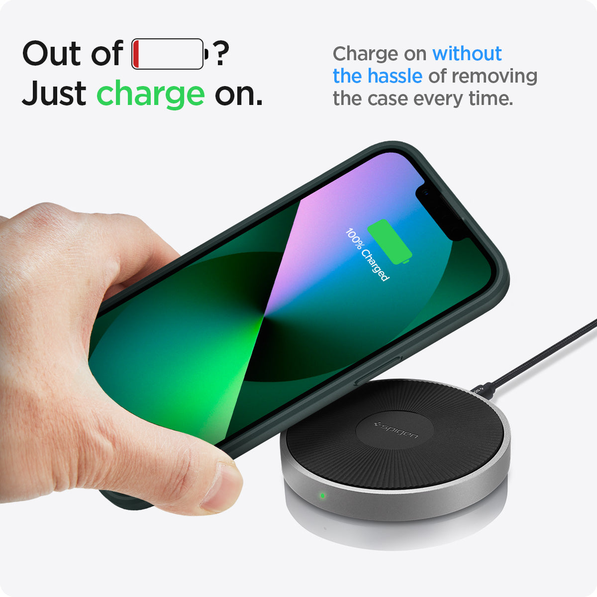 ACS04562 - iPhone 13 Case Ultra Hybrid in Midnight Green showing the charging on without the hassle of removing the case every time