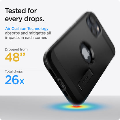ACS03331 - iPhone 13 Mini Case Tough Armor in black showing tested for every drops. Air Cushion Technology absorbs and mitigates all impacts in each corner. Dropped from 48" | Total drops 26x